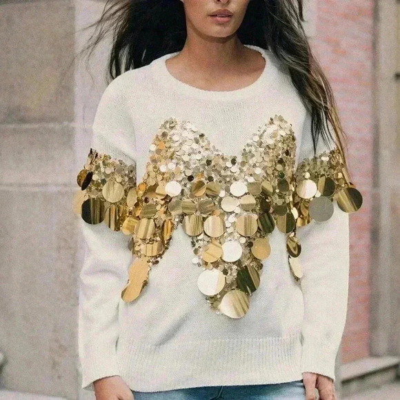 Women's Luxurious stylish Sequin detailed Long Sleeve Sweater top - Picture 9 of 9